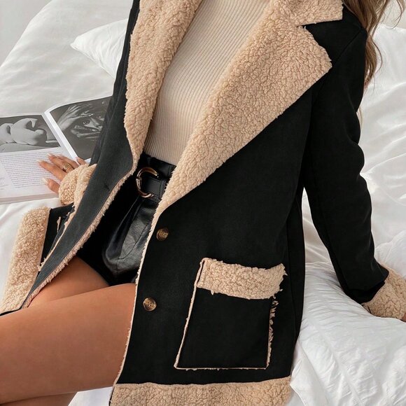 Black Casual Women's Fluffy Colorblock Warm Jacket - Picture 3 of 8